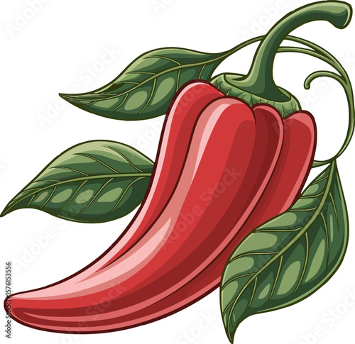 vector illustration of a red chili pepper with green leaves