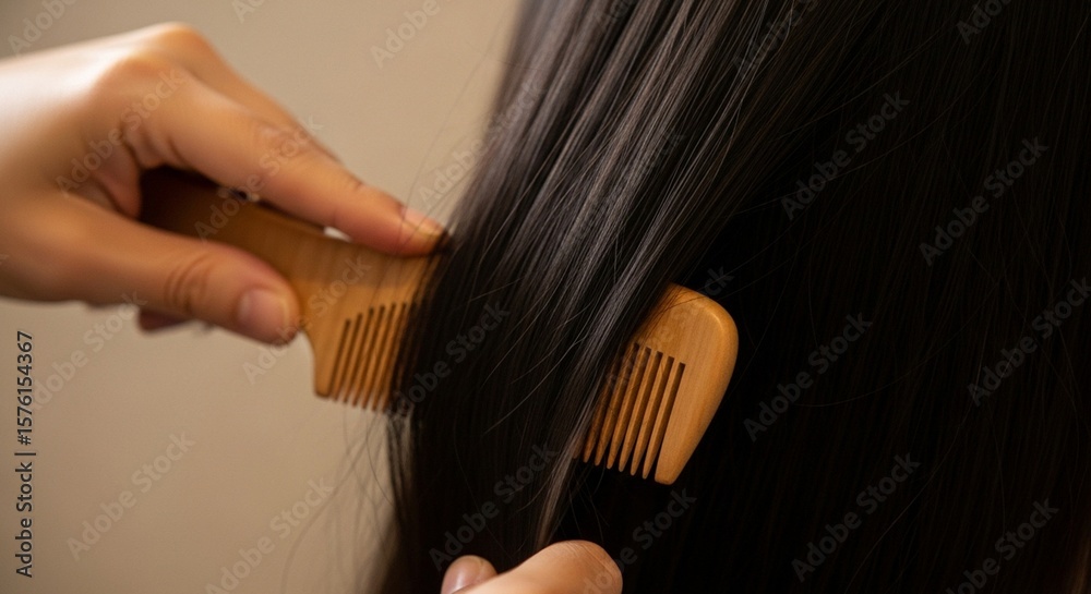 Fototapeta premium Close-Up of Wooden Comb Brushing Hair Strands