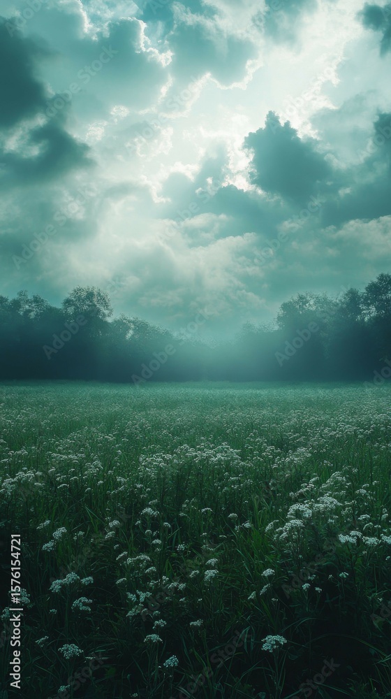 custom made wallpaper toronto digitalFlower Meadow Under Dramatic Sky with Glowing Sunlight and Forest