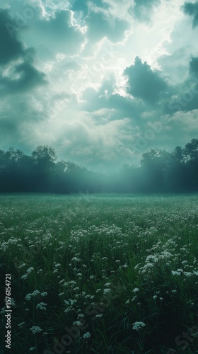 Wallpaper Mural Flower Meadow Under Dramatic Sky with Glowing Sunlight and Forest Torontodigital.ca