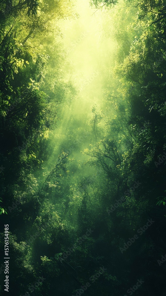 Obraz premium Sunlight Shining Through Dense Green Forest Canopy