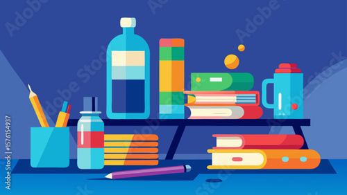 11 desk with stack of textbooks highlighters a
