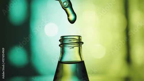A macro, slow-motion video of a drop of serum or essential oil falling from a glass dropper into a bottle; concept for cosmetic chemistry and scientific research