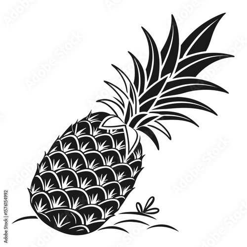 Pineapple Silhouette Vector with Sharp Leaf Crown in Black
