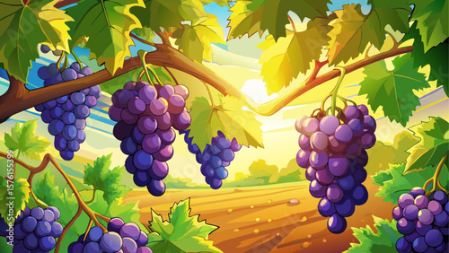 A lush bunch of Zinfandel grapes hangs under golden sunlight in Banska Cosa, Croatia. Deep purple skin glows among green leaves, perfect for a vineyard vector scene in warm hues.