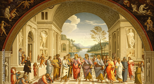 A breathtaking Renaissance-style painting featuring a serene landscape with soft golden lighting, classical architecture in the background