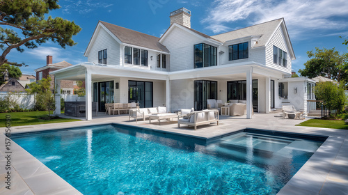 Luxury white villa with swimming pool in garden