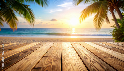 Vacation Paradise: Wooden Deck Overlooking a Sunset Beach with Palm Trees