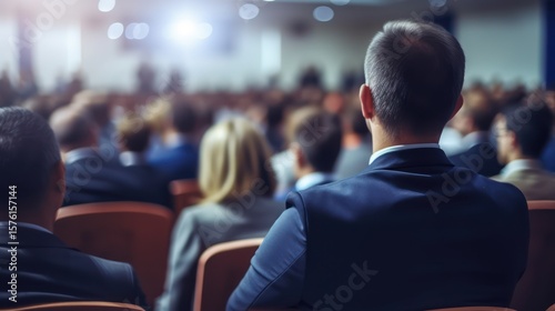 A man in a suit sitting in a conference room with a large audience.