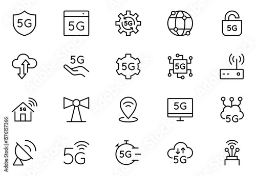 5G web outline icon for business and technology, speed, signal, network, technology, big data, IoT, and traffic icons.