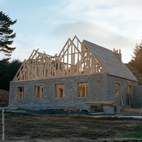 Stone House with Exposed Timber Frame Under Construction