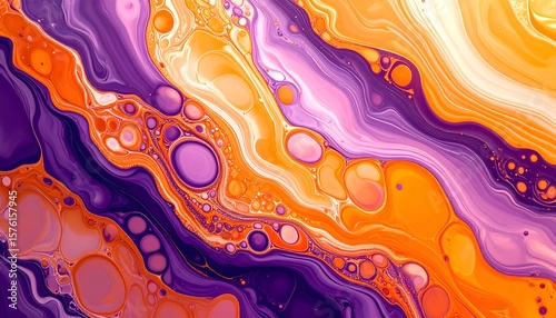 Dynamic Fluid Painting with Bold Orange and Purple Cell Structures