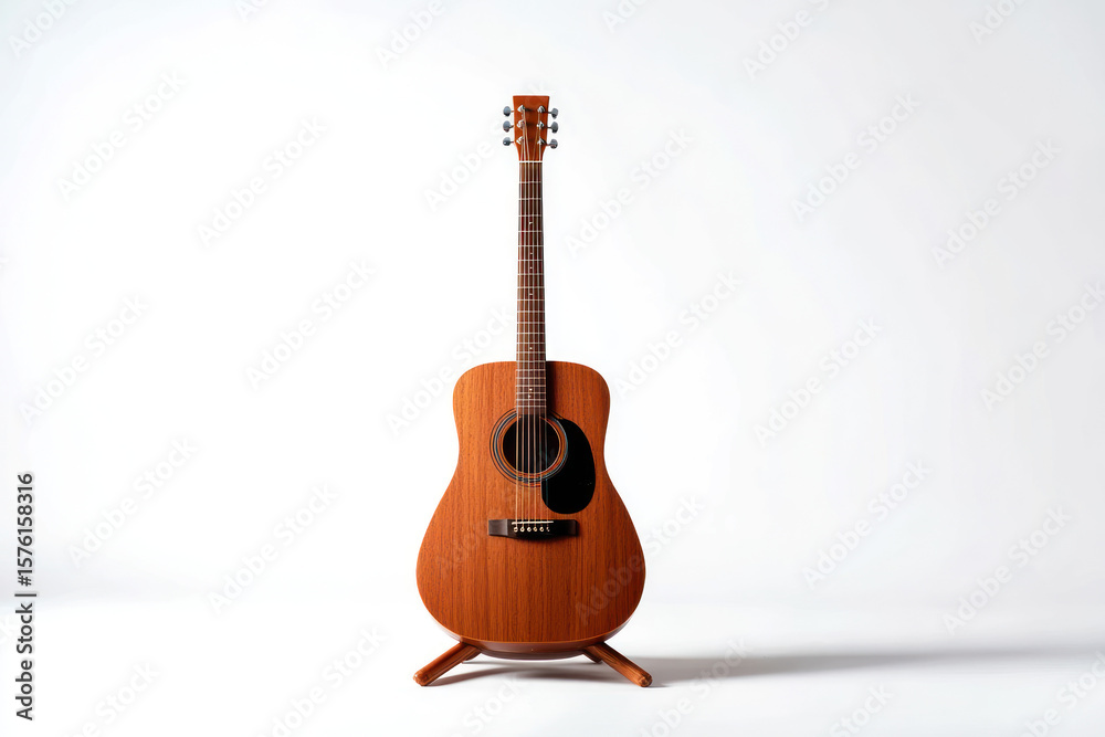 Fototapeta premium Acoustic guitar on stand, light background