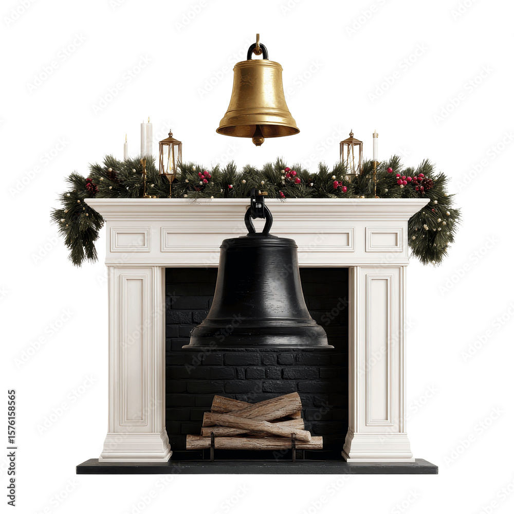 Obraz premium Festive Fireplace with Hanging Bells and Christmas Garland