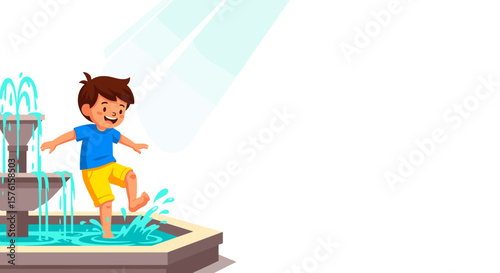 Smiling boy playing in fountain under sunlight colorful illustration
