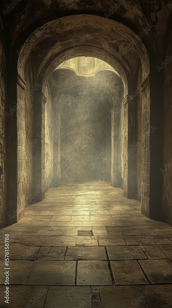 Fototapeta premium Walking Through Stone Archway Tunnel with Light and Shadow