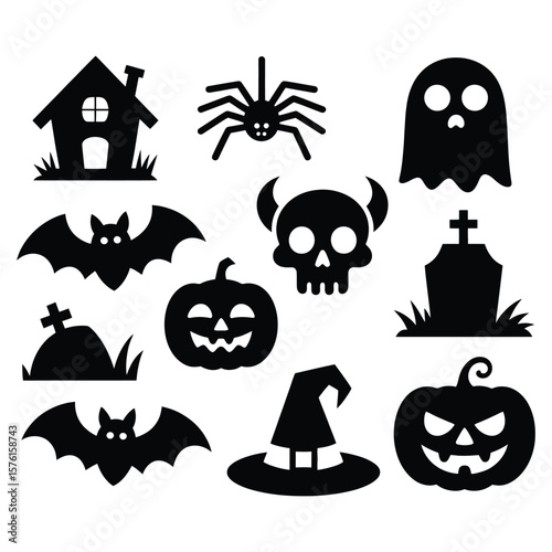 Halloween icons ghost bats pumpkins skull witch hat graveyard
