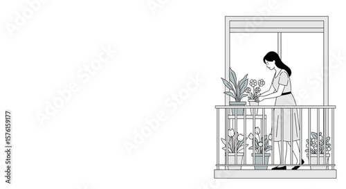  Woman caring for plants on balcony black and white illustration