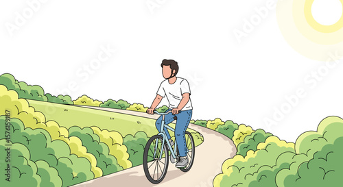 Man cycling on sunny park path colorful illustration