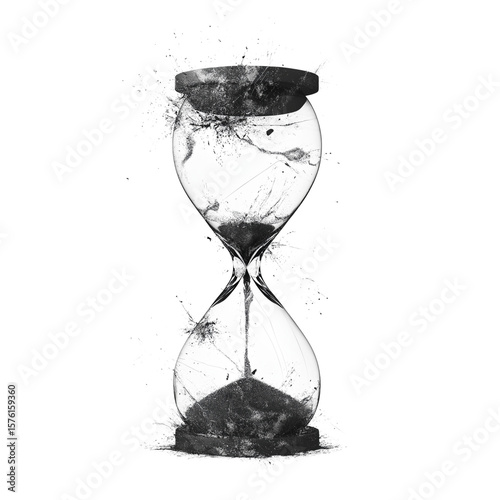 Shattered hourglass with black sand exploding outwards isolated on transparent background