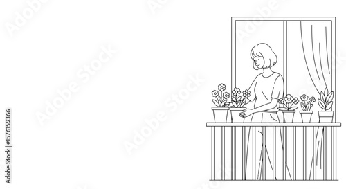 Woman tending flowers on balcony black and white line art