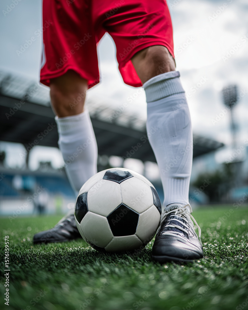 Fototapeta premium Close-up of a soccer player's legs posing with a ball on a grassy field, showing cleats, control, and readiness to play.
