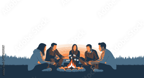 Group of friends gathered around campfire at sunset illustration