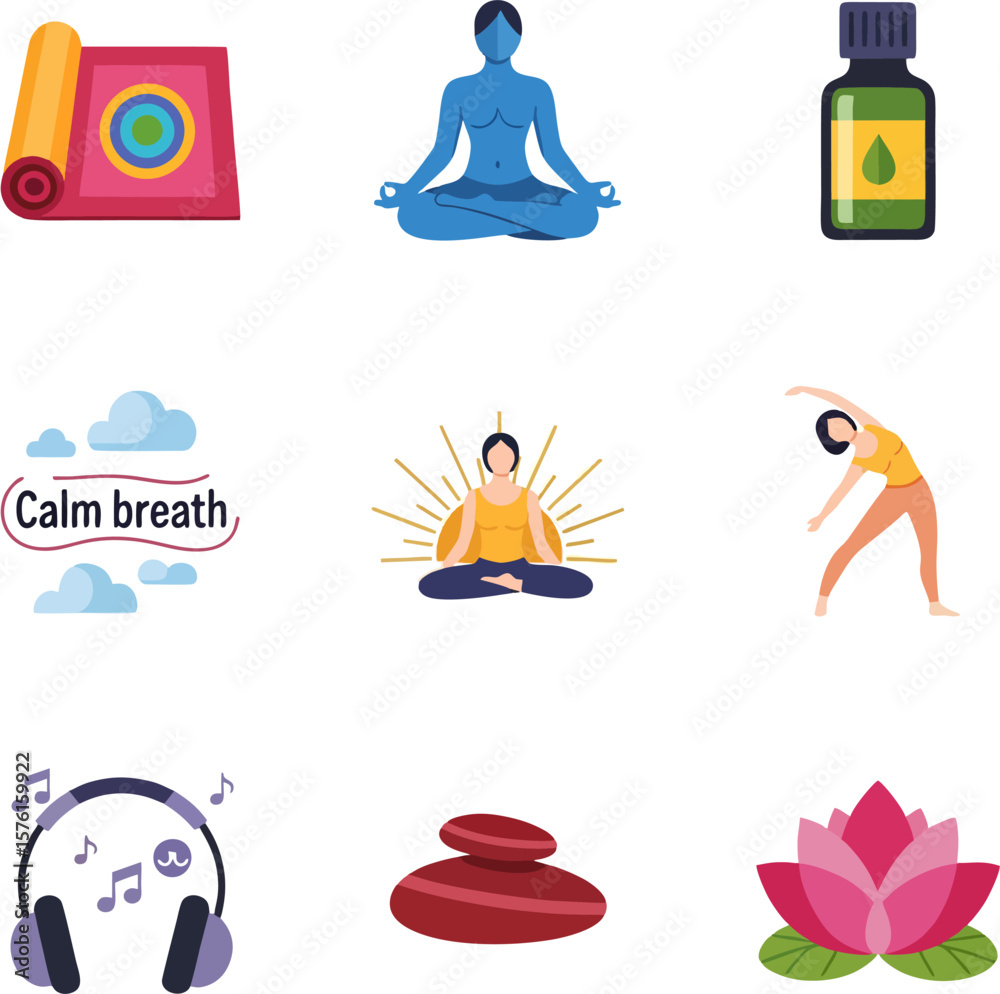 Fototapeta premium Collection of yoga and meditation icons, depicting various elements and practices.