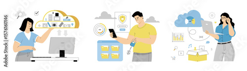 Cloud computing concept set in flat web design.  Security cloud services protect personal documents and data. Flat vector illustration isolated on white background.