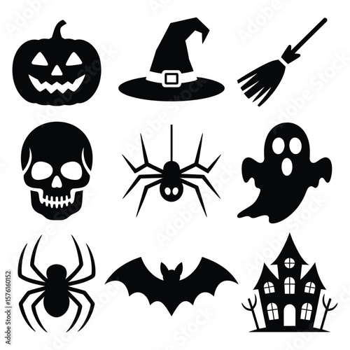 Halloween icons pumpkin witch hat broom skull spider ghost bat haunted house