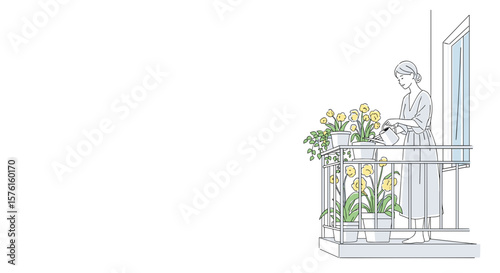 Woman watering flowers on balcony colorful illustration