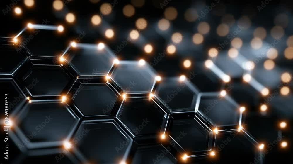 yellow  hexagonal layers pattern black sleek metallic wall with neon light glow, futuristic and technology theme