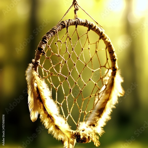 Tan Dreamcatcher with Beige Feathers Hanging Outdoors