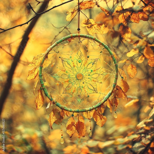 Teal and Yellow Dreamcatcher with Autumn Leaves