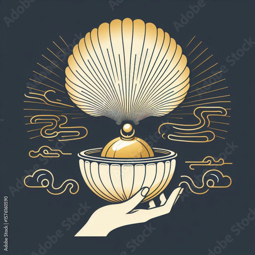 The yuan bao ingot. Yuan Bao was reinterpreted as Elegant hand holding an ornate bowl with a golden pearl and seashell under radiant rays, copy space