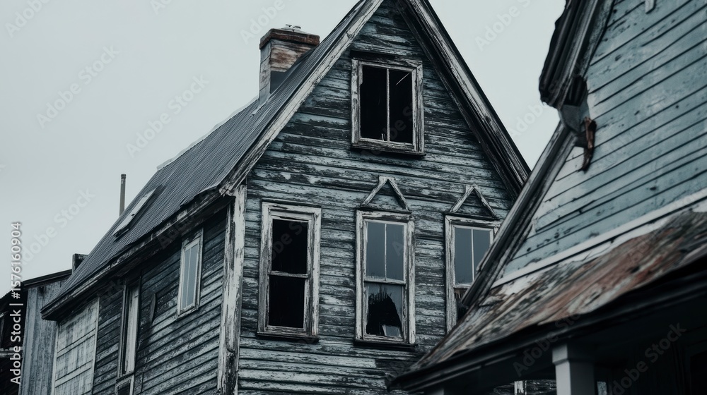 Naklejka premium Weathered gray wooden houses, dilapidated, aged, showing decay, broken windows, gloomy, overcast sky.