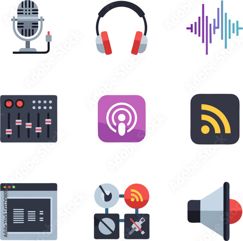Colorful icons representing audio equipment, podcasting, and broadcasting technology.