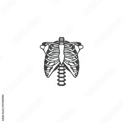 A striking dark grey silhouette of a human rib cage and spine against a clean white background