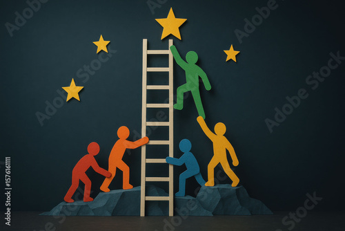 Teamwork paper cutout. Paper cutout figures help each other climb a ladder toward stars, symbolizing teamwork and achievement.