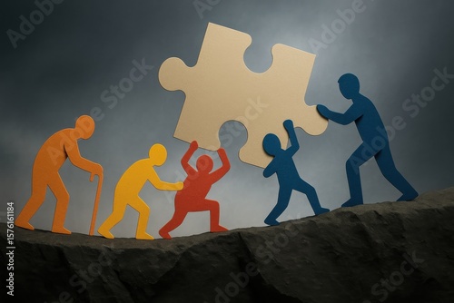 Teamwork paper cutout. Paper cutouts of human figures at different life stages collaborate to lift a large puzzle piece uphill, symbolizing teamwork and generational effort.