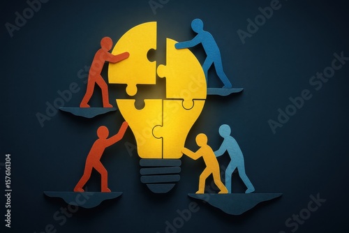 Teamwork paper cutout. Four colorful figures collaboratively assemble a yellow lightbulb puzzle, symbolizing teamwork and shared ideas in a dark setting.