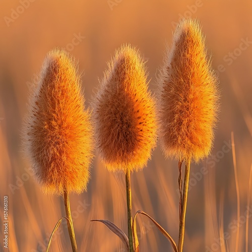 Three Typha Flower Heads in Golden Light