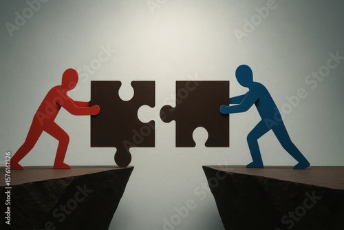Teamwork paper cutout. Two stylized figures, one red and one blue, push puzzle pieces toward each other across a gap, symbolizing collaboration and problem-solving.