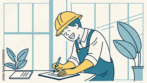 Happy construction worker wearing hard hat and overalls writing notes isolated on white background