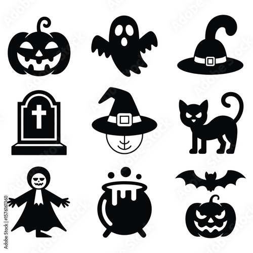 Halloween icons spooky creatures and symbols pumpkin