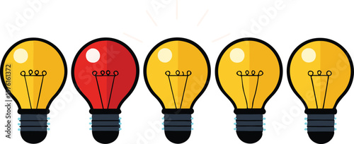 A diverse set of illustrations depicting rows of glowing light bulbs, some with individual bulbs highlighted, symbolizing ideas, innovation, or a sequence of thought