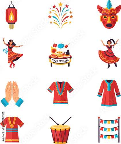 Colorful illustrations depicting cultural elements, including dancing figures and festive items.