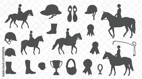 Collection of equestrian silhouettes featuring riders horses helmets boots ribbons and trophies