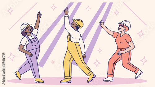 Three diverse construction workers pointing upwards celebrating success isolated on white background