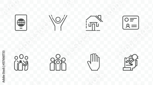 Collection of diverse line art icons representing global connection success home identity teamwork and assistance silhouette